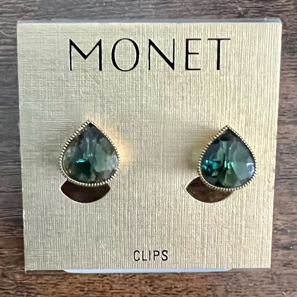 Monet Jewelry - Vintage Monet Clip-On Earrings. Medium green shaped stones with gold accents.